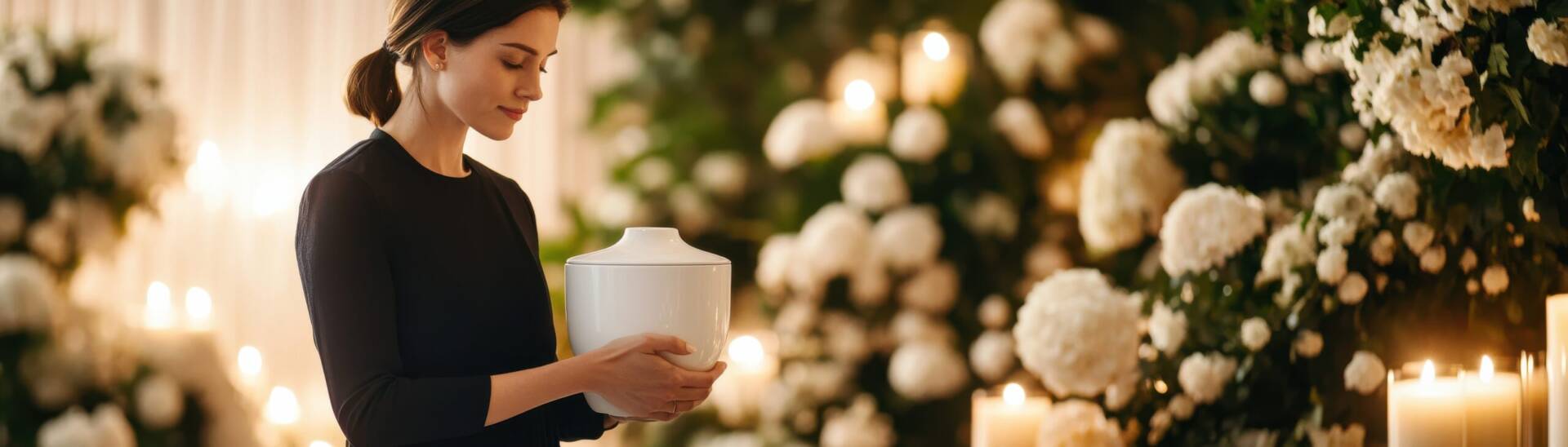 A woman holds a delicate urn in a beautifully decorated setting with flowers and candles, reflecting a moment of remembrance.