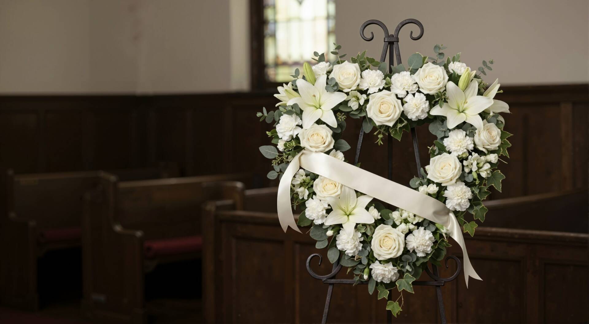 Heart shaped funeral floral arrangement with white lilies and roses. Sympathy flowers on easel in chapel. Memorial service tribute